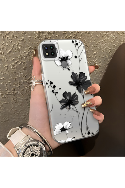 PATTERNOVA Redmi 9C/10A Uyumlu Siyah-beyaz sulu boya çiçek baskılı yüksek kal...