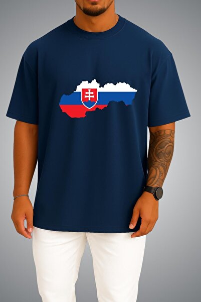 Bahriyeli Collection تي شيرت مطبوع عليه علم وخرائط سلوفاكيا كبير الحجم للجنسين