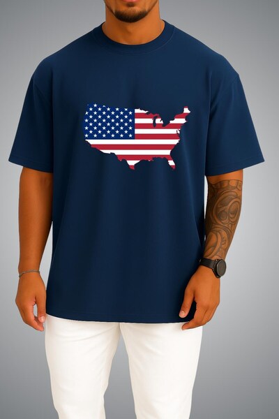 Bahriyeli Collection Oversize American Flag and Map Chest Printed Unisex T-Shirt