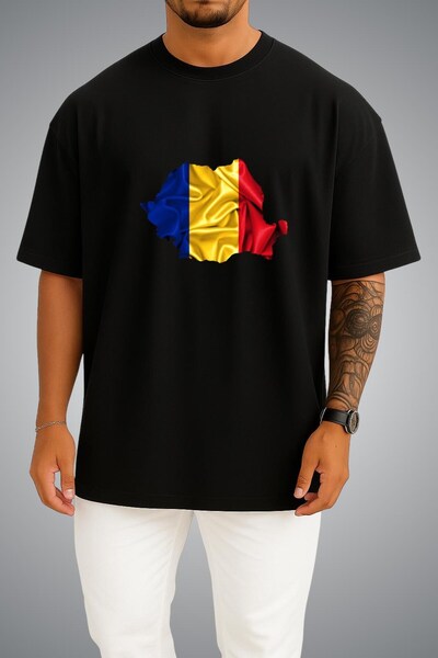 Bahriyeli Collection Oversize Romania Flag and Map Chest Printed Unisex T-Shirt