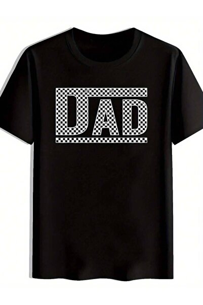 k222 تي شيرت رجالي كاجوال بأكمام قصيرة مع طباعة جريئة بكلمة DAD ونقشة مربعات ...