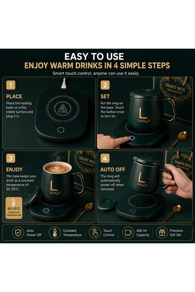 Generic Brand Set cadou cană de cafea cu suport de încălzire electrică, cană ceramică cu capac și linguriță, placă de încălzire, cutie cadou premium, verde auriu