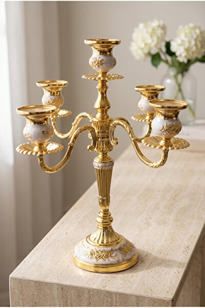 RASHA COLLECTION 5 Kollu Altın Kaplama İşlemeli Dekoratif Şamdan 37 cm