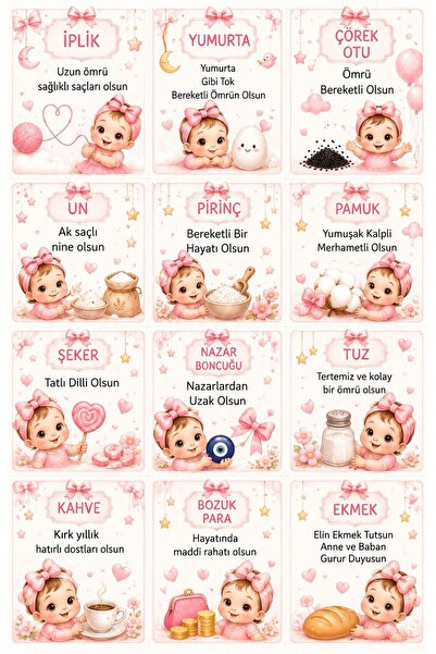 Hsn Kırk Uçurma Sepeti Kartları Kız Bebek 40 Sepeti Kartı 12 adet 7x7,5 Cm Ta...