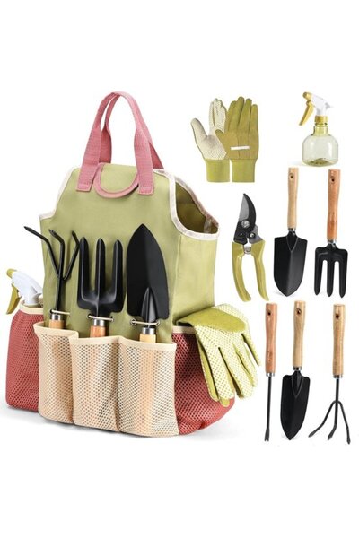 Morvena Picks Set de scule de grădină din 9 piese cu sac de depozitare din pâ...