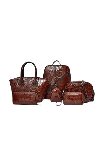 Generic Brand 6 Piece Crocodile Pattern Composite Bag Set Brown