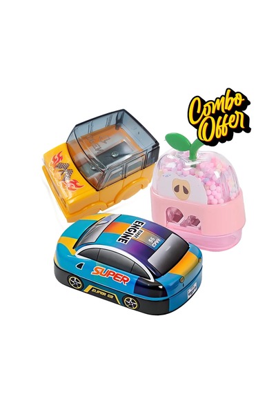 BUYNUK 3PC COMBO Manual Pencil Sharpener Set | Car & Apple Design Dual Hole S...