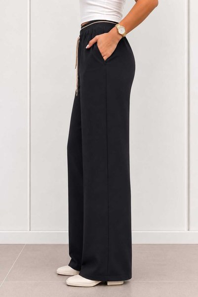 Canbeg Tekstil Women's Palazzo Trousers with Elastic Waist Cord Detail, Wide Legs, Woven Fabric, Pockets, Sizes 38-48