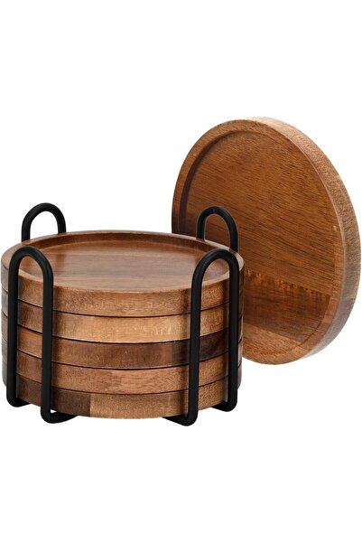 STARSTAR 6-Piece 10cm Round Acacia Wood Coasters with Iron Stand Coffee Bar D...