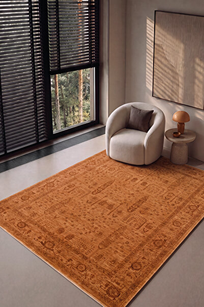 Cool Halı Şahmaran Turuncu Vintage Halı Terracotta Eskitme Desenli Modern Kla...