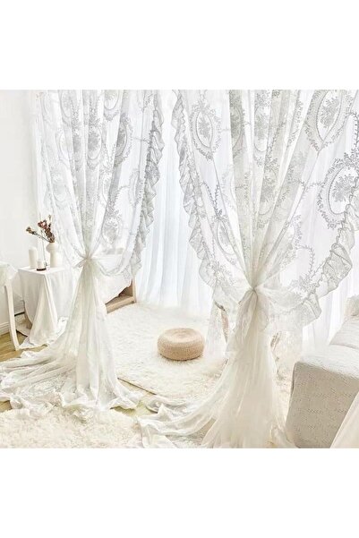 Morvena Picks Doua perdele din dantela, model floral vintage, cu volane, alb,...
