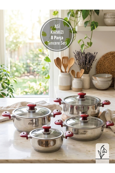 FMS Asi 8 Piece Cookware Set Red |   18/10 Stainless Steel |   Induction Comp...