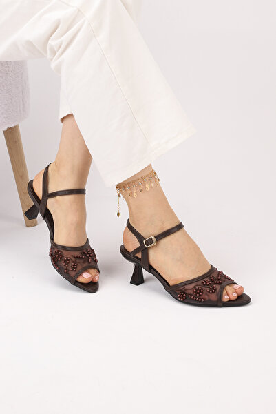 Layber Women's Mesh Embroidery Detailed Pointed Toe Thin Heel Ankle Strap Hig...
