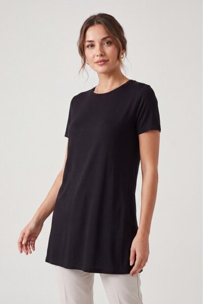 Betimoda Women's Four Seasons Crew Neck Short Sleeve Viscose Short Tunic Black