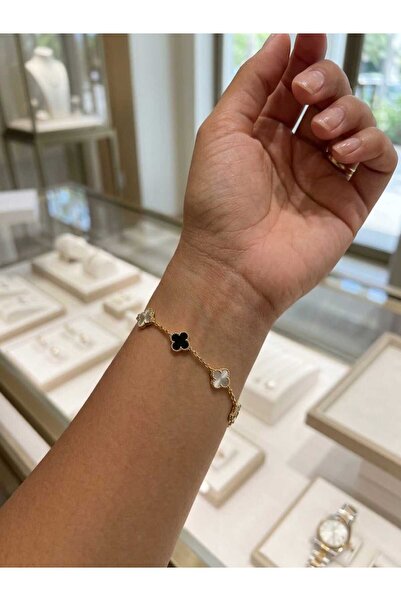 MODA Paslanmaz Çelik Gold Renk Siyah Mineli Yonca Şans Bilekliği
