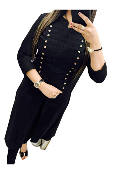 MYSMAR Black Cotton Button-Detail Kurti - NJF8840 | Black-Size:2XL-44-Inches