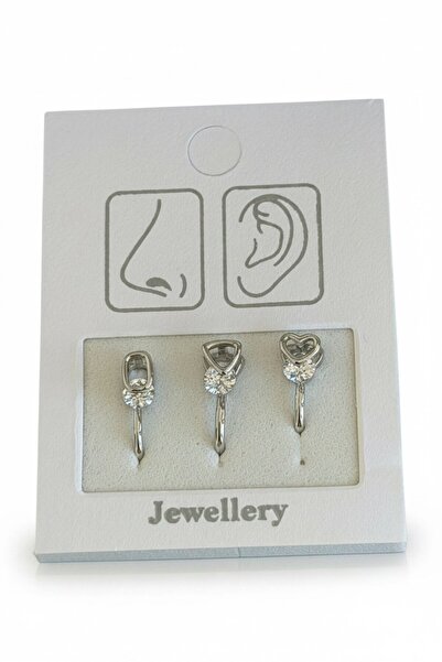 TAKIŞTIR Gümüş Renk Karışık Figürlü Deliksiz Kulak/Burun 3'lü Piercing Set