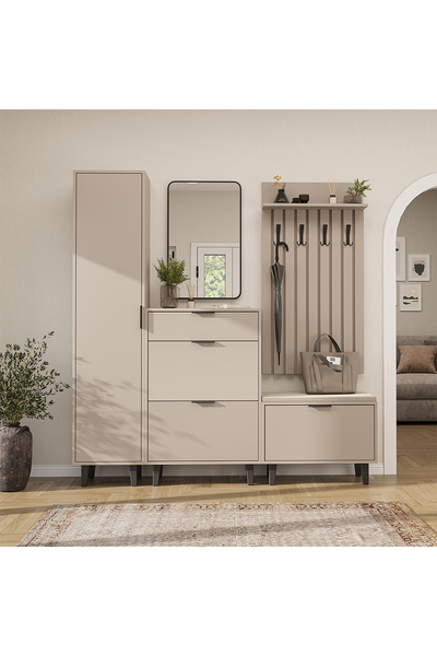 ROOMART Nord Vestiyer Takımı Kapaklı Askılıklı Ayakkabılık Dolabı, Modüler, Aynalı Portmanto Takımı