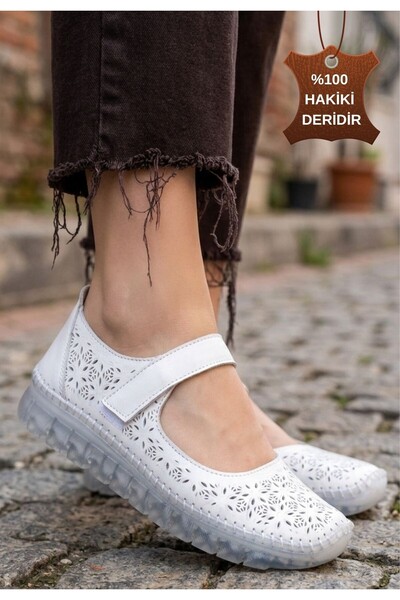 DMR Elegance Sina White Genuine Leather Velcro Ballerina Shoes