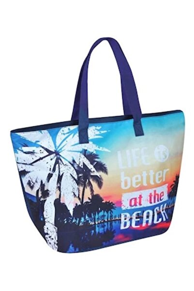CATIANO Geantă de plajă și borsetă cu design palmier și apus albastru 55x20x40cm