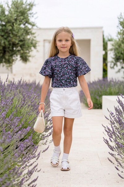 Lupinn Girl's Purple Floral Pattern Blouse Short Sleeve Crew Neck Summer Casu...