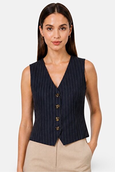 Brave Soul Women Regular Fit Micro Stripe Suit Vest, Navy