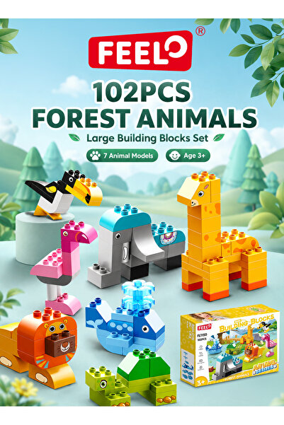 Feelo 102-Piece Forest Animals Large Building Blocks Set for Kids, 7 Animal M...