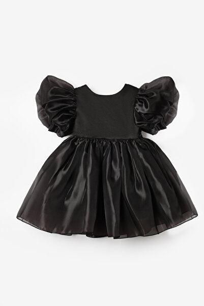 Le Mabelle Black Balloon Sleeve Baby Girl Satin Dress - Dona
