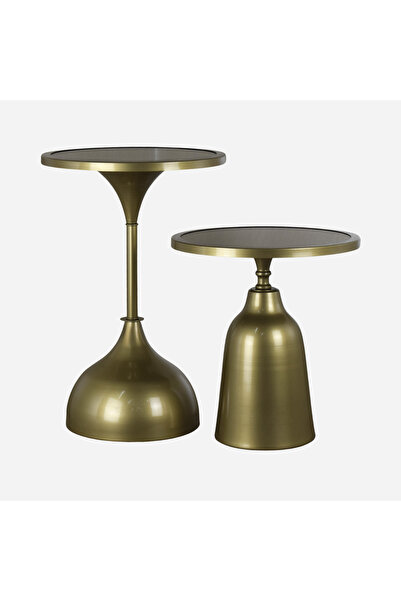 Levon Home LORİN EE Lüks Gold Metal Ayaklı Ahşap Tablalı Üçlü Yan Sehpa Seti