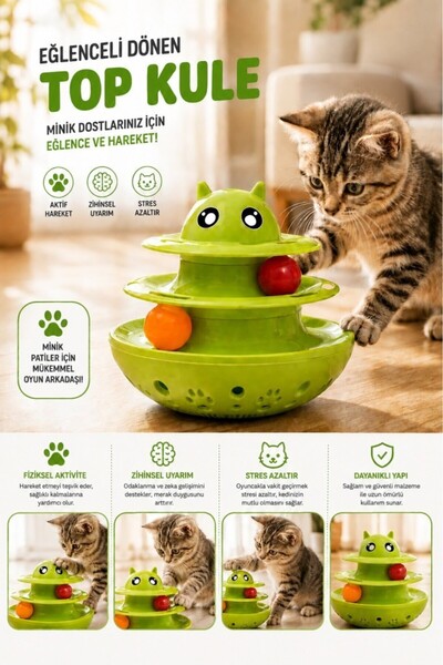optana Sallanan Dönen 2 Katlı Kedi ve Köpek Oyuncağı Ödül Mamalı Hareketli Top Tüneli Hacıyatmaz