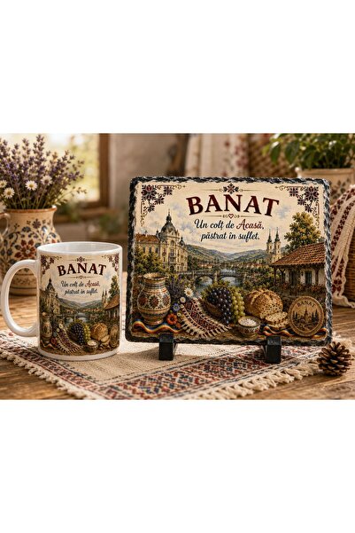 hiperborea Set Cadou Banat – Cană Ceramică și Ardezie Naturală Personalizată