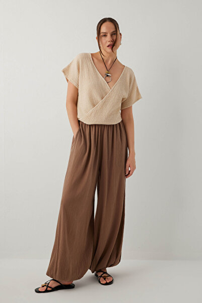 İpekçi Otantik Mare Crinkle Elastic Leg Tencel Cotton Trousers Brown