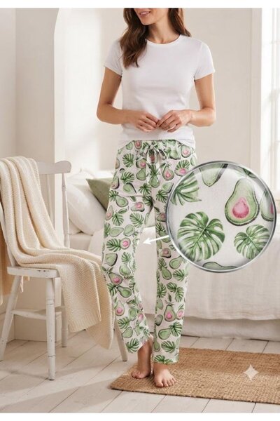 Serena Pantaloni de pijama lungi de dama ALB cu VERDE