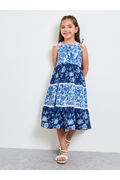 Styli Girls Blue Tiered Dress with Floral Print