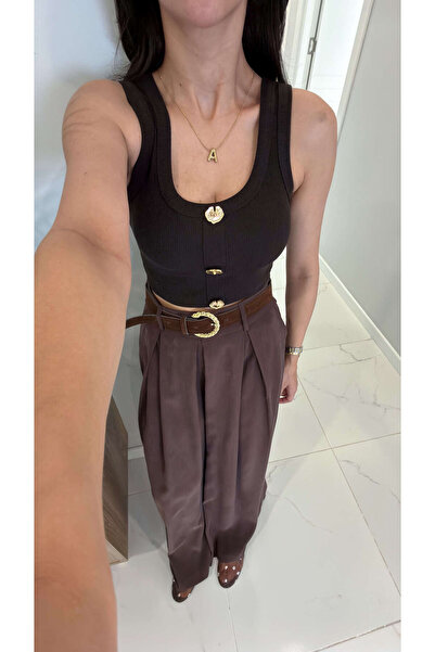 BİRCANÇİL Jinda Kahve Gold Düğme Detaylı Fitilli Bluz