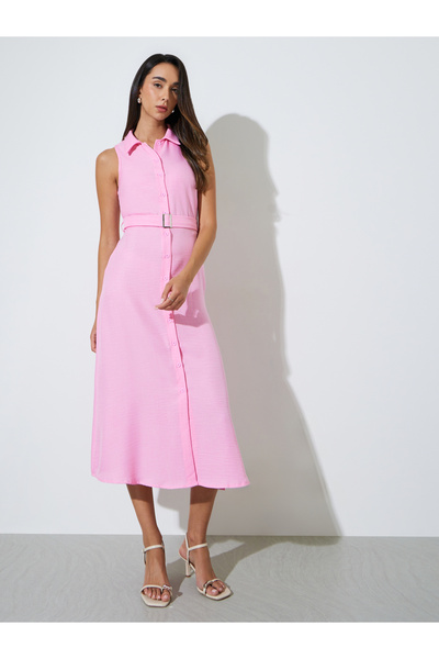 Styli Pink Sleeveless Belted Shirt Midi Dress