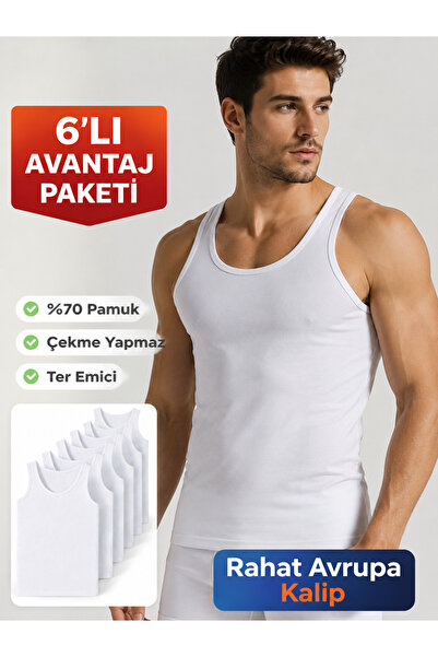 GÖ&ZE Erkek Atlet 6'lı Paket Beyaz Rahat Kalıp Günlük Kullanım Nefes Alabilen Kumaş