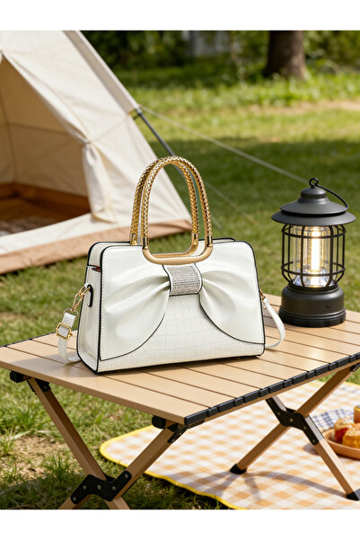 Take Two By Styli White Croc-Embossed Bow Handbag
