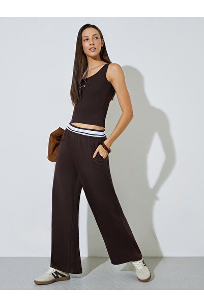 Styli Coffee Brown Solid Elasticated Waist Wide Leg Joggers