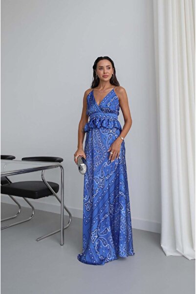 Havoş Blue Ruffled Waist Strap Satin Dress