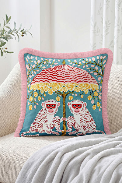 Realhomes Fringed Throw Pillow Cover with Two Monkeys under Umbrella, Branch ...