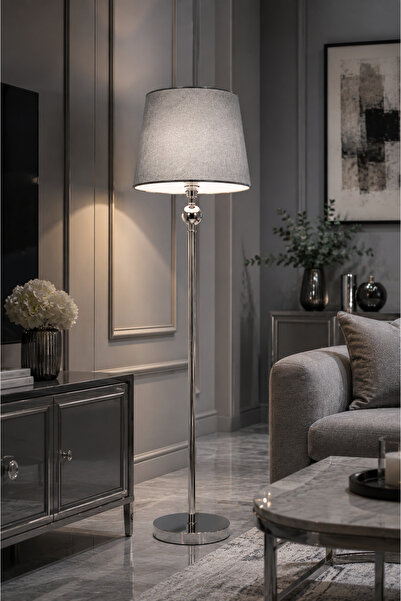 LUXERRA Modern Krom Tek Ayaklı Lambader Gri Kumaş Şapkalı Gümüş Detaylı Metal...