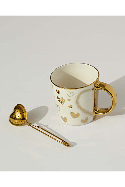 REDTAG White And Gold Mug With Stainless Steel Filter Spoon Set (2 Piece)