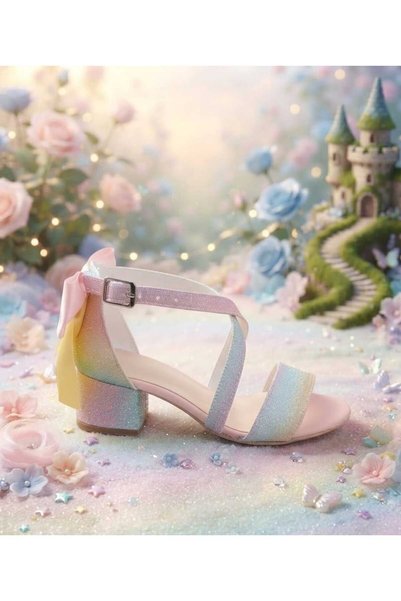 SGF KIDS Tekbant Rainbow Cross-Back Bow Sand Glitter High-Heeled Evening Dress Shoes