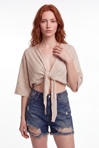 cemo Önü Bağlamalı Yarasa Kol Crop Bolero Bluz