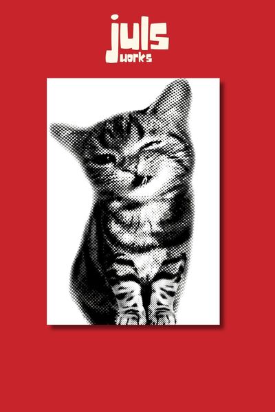 Juls Works Halftone Kedi Siyah Beyaz Poster Tablo Modern Koleksiyon Duvar San...