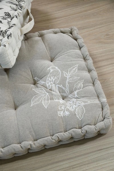 Stof CLARINE pernă de podea tip puf 45x45cm model ramură cu pasăre BOHO bumbac