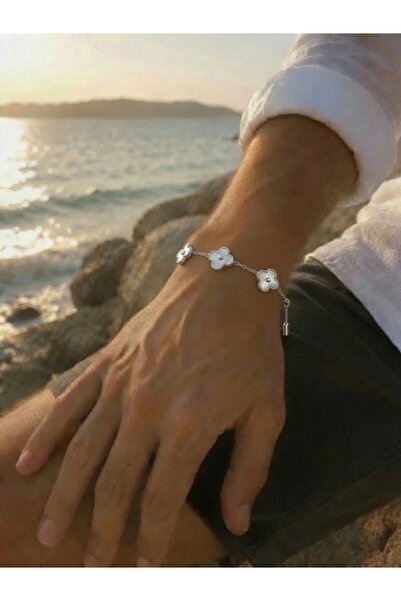 ATALYA ACCESSORY Men's Large Clover Figured Steel Chain Bracelet