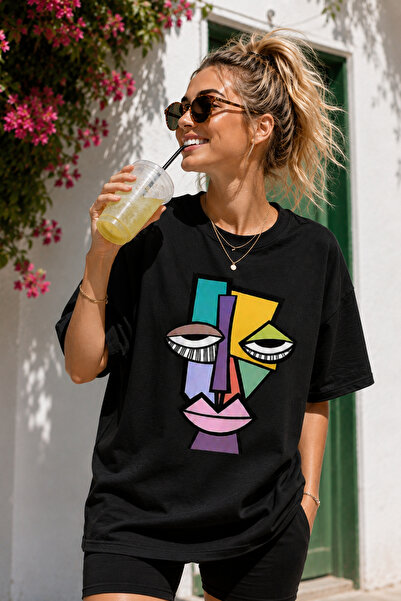 ArtYus Modern Abstract Face Print Crew Neck Casual Unisex Oversize T-Shirt - ...
