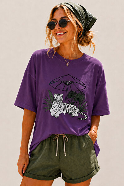 ArtYus Tiger Printed Crew Neck Casual Unisex Oversize T-Shirt - Safari Themed...